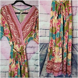 FIG AND FLOWER VACATION BEACH FLORAL PRINTED FRONT SLIT TIE WAIST MAXI DRESS M